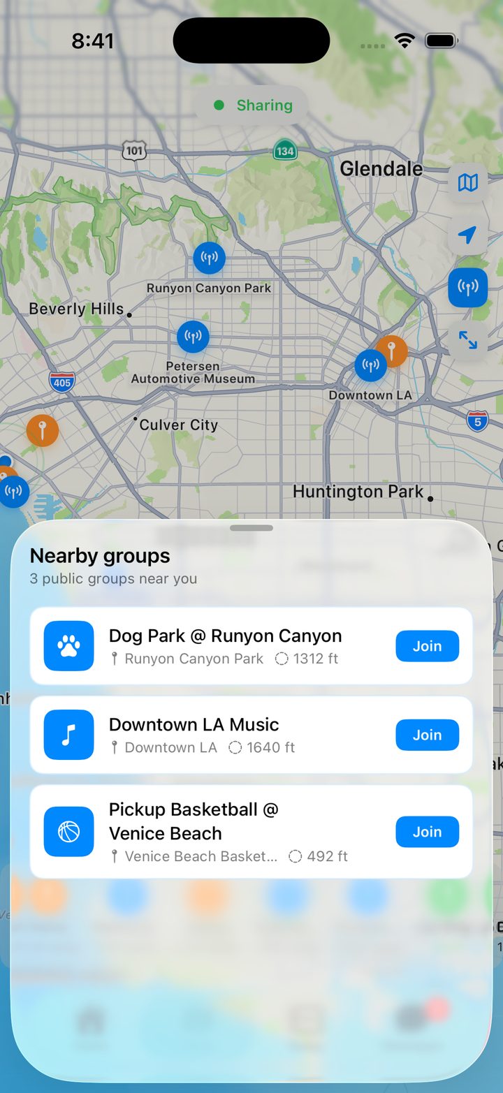Discover screen listing nearby public groups to join