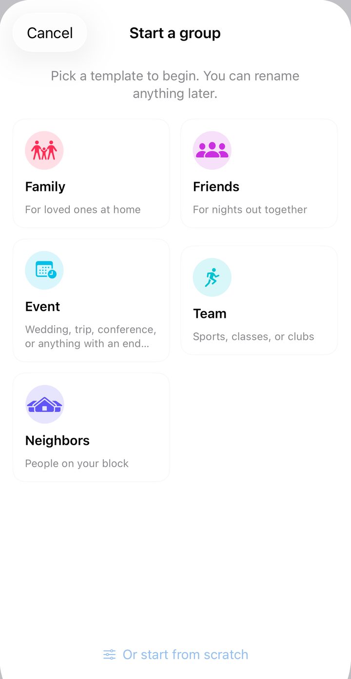 Start a group screen with Family, Friends, Event, Team and Neighbors templates